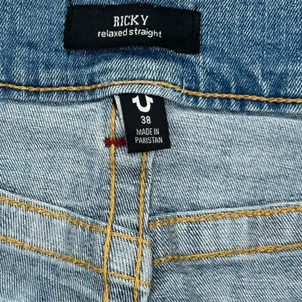 True Religion Ricky Relaxed Straight Blue Denim Jeans Mens 38x32 Horseshoe Flap - Picture 2 of 6